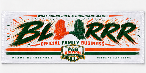 BLURRR commemorative fan towel with orange and forest-green artwork on white